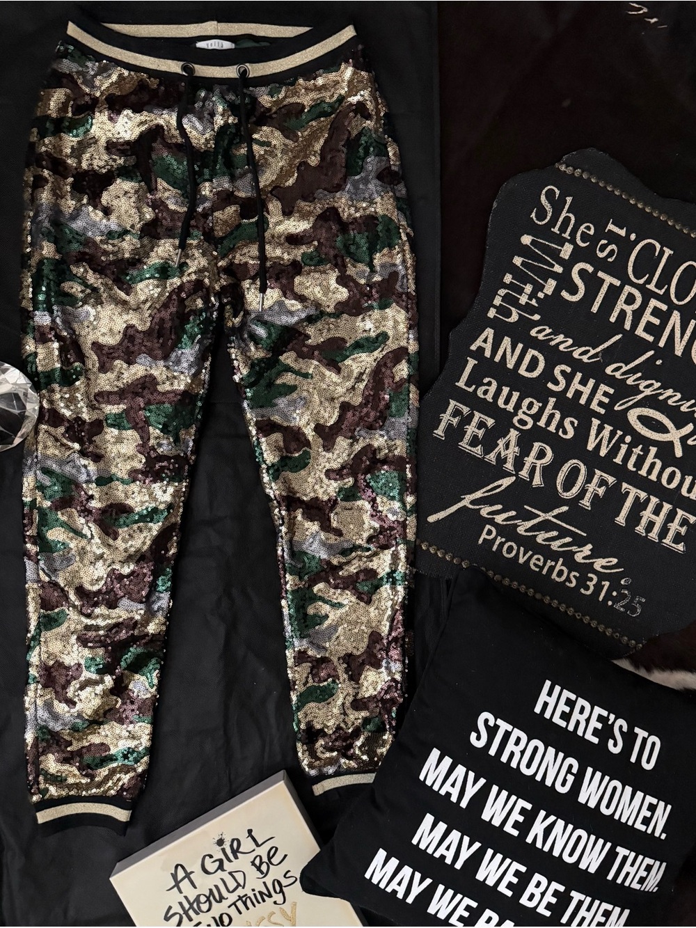Sequined Camo Joggers with Metallic Trim - Green & Brown